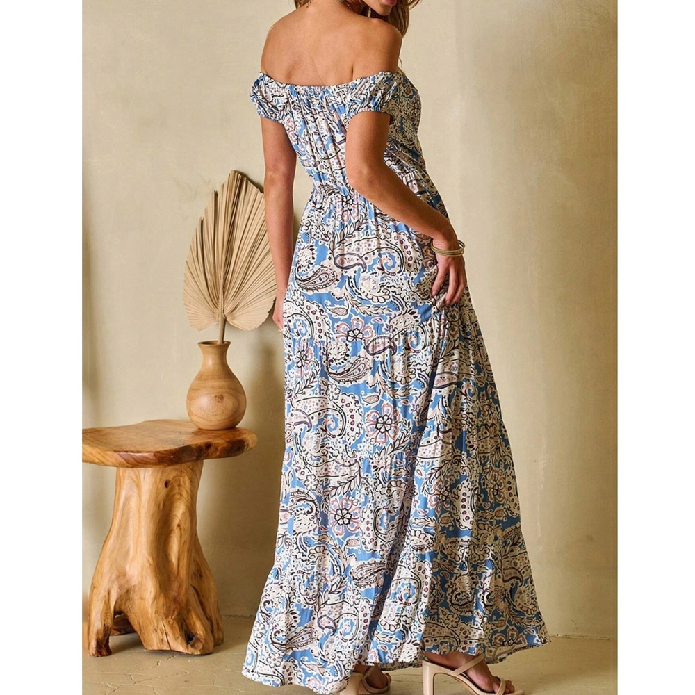 013 Boho Paisley Floral Print Off Shoulder Maxi Dress - Picture 4 of 7